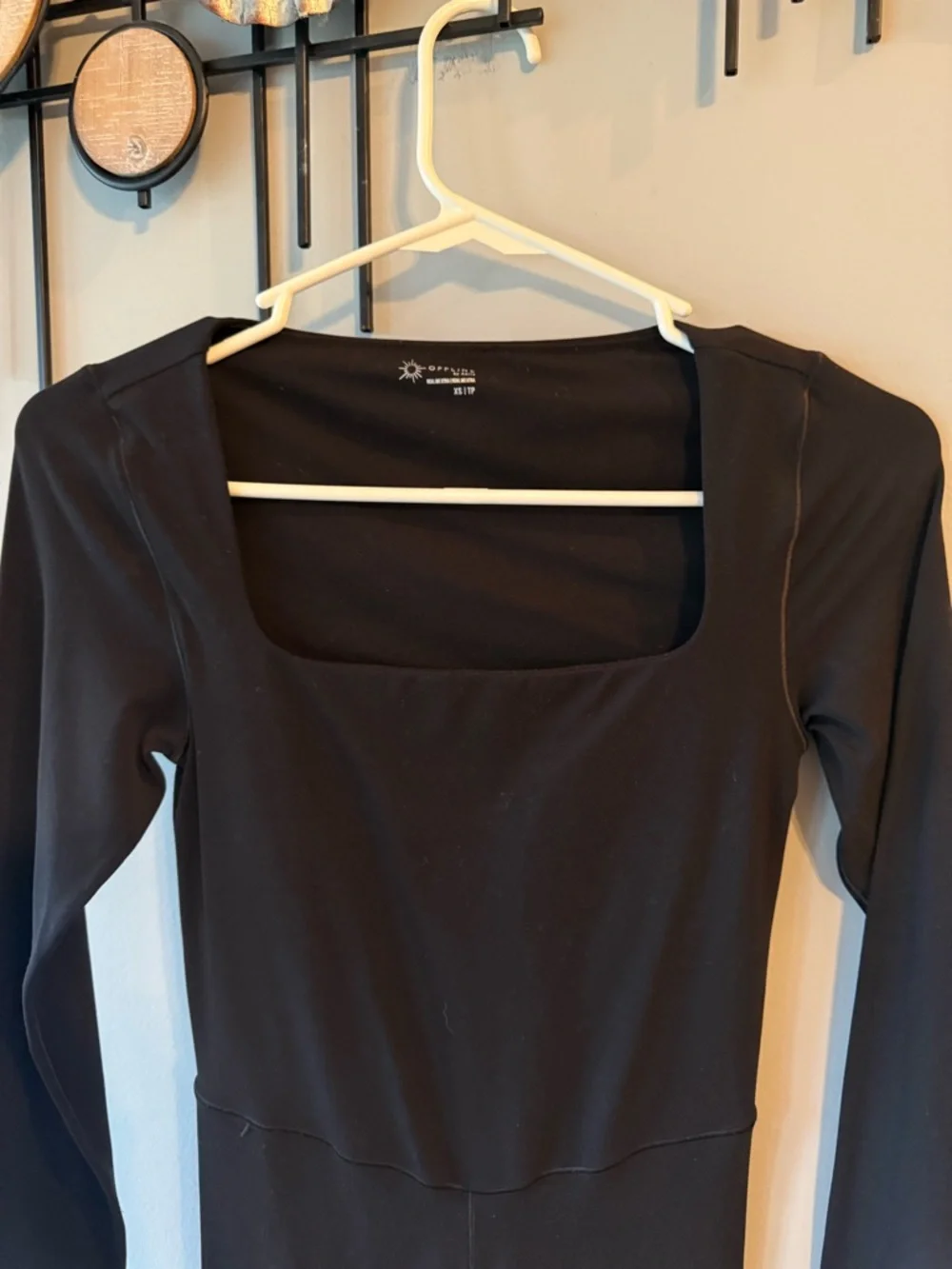 aerie Black Long-Sleeve Square Neck Stretch Jumpsuit